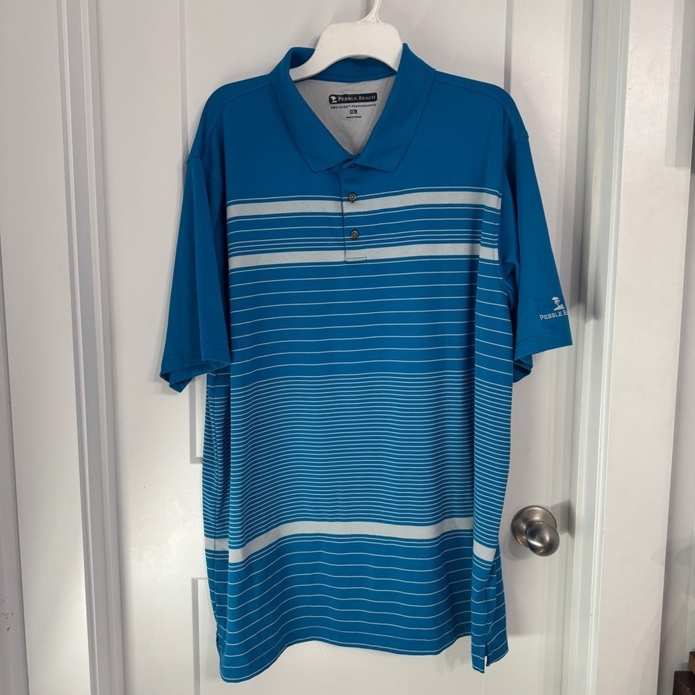 Pebble Beach Men's Short Sleeve Dry-Luxe Performance Polo Shirt Blue White XXL
